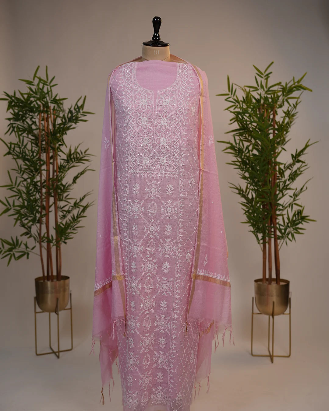Soft Blush Pink Handcrafted Lucknowi Chikankari Unstitched Ensemble with Mul Chanderi Dupatta
